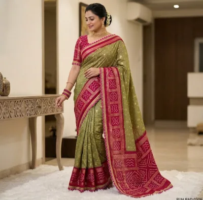 Dul Moch Saree with Embroidery work - Olive Green and Rani Pink